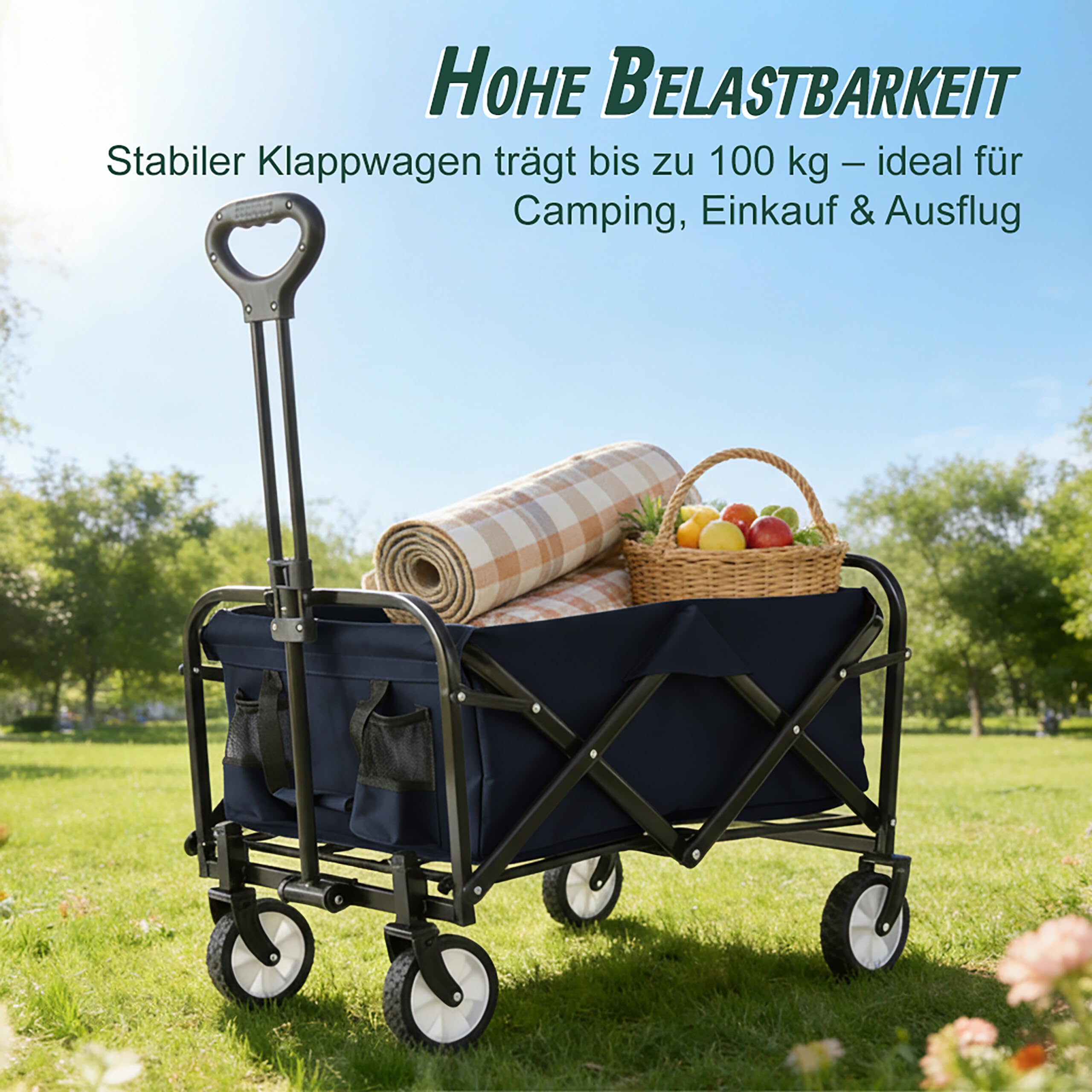 Relaxdays Bollerwagen, faltbar, 100 kg, Teleskopgriff, Oxford-Gewebe, Transportwagen für Einkauf, Camping & Strand, blau