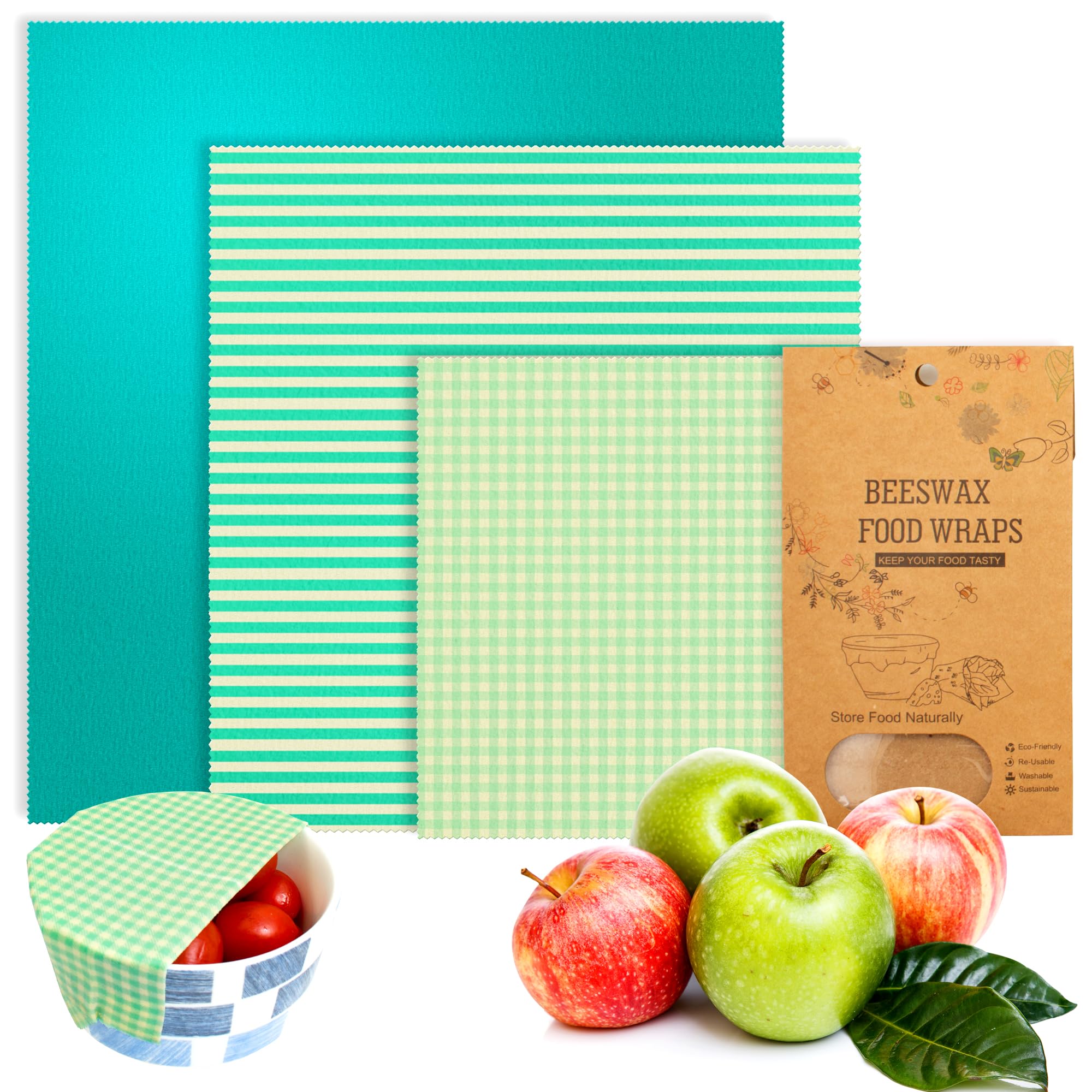 Reusable Beeswax Wrap S, M, L. Pack of 3 Beeswax Food Wraps. Washable Reusable Beeswax Food Wrap for Sandwiches, Dough Covering. Organic Beeswax Wraps for Food Reusable. Sandwich Wrap