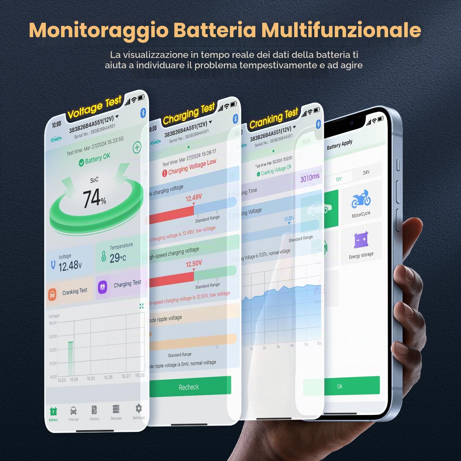 ANCEL Monitor batteria Bluetooth da 6 V, 12 V, 24 V