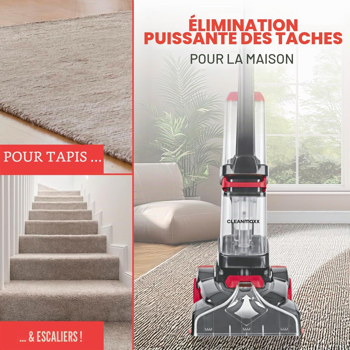 CLEANmaxx Nettoyeur de tapis | 3 en 1 : Laver, nettoyer, aspirer | Aspirateur à eau avec brosses vibrantes & brosses latérales | Aspirateur laveur, aspirateur à sec - pour presque tous les tapis