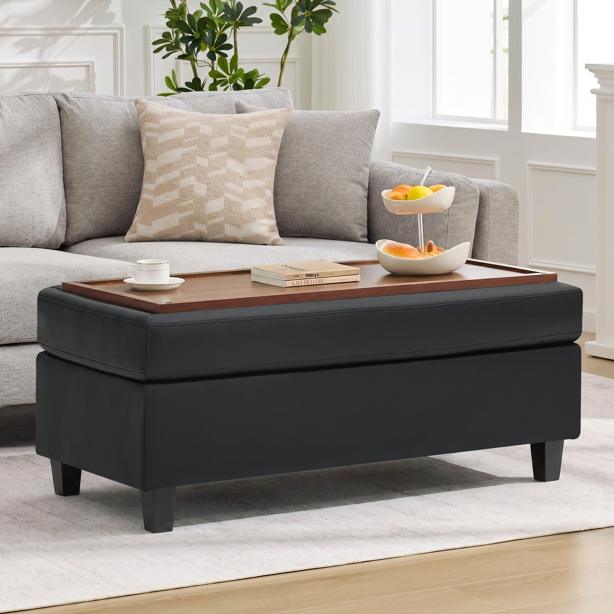 WUTUTUEE 45 Inch Faux Leather Storage Ottoman Bench with Wooden Tray in Black