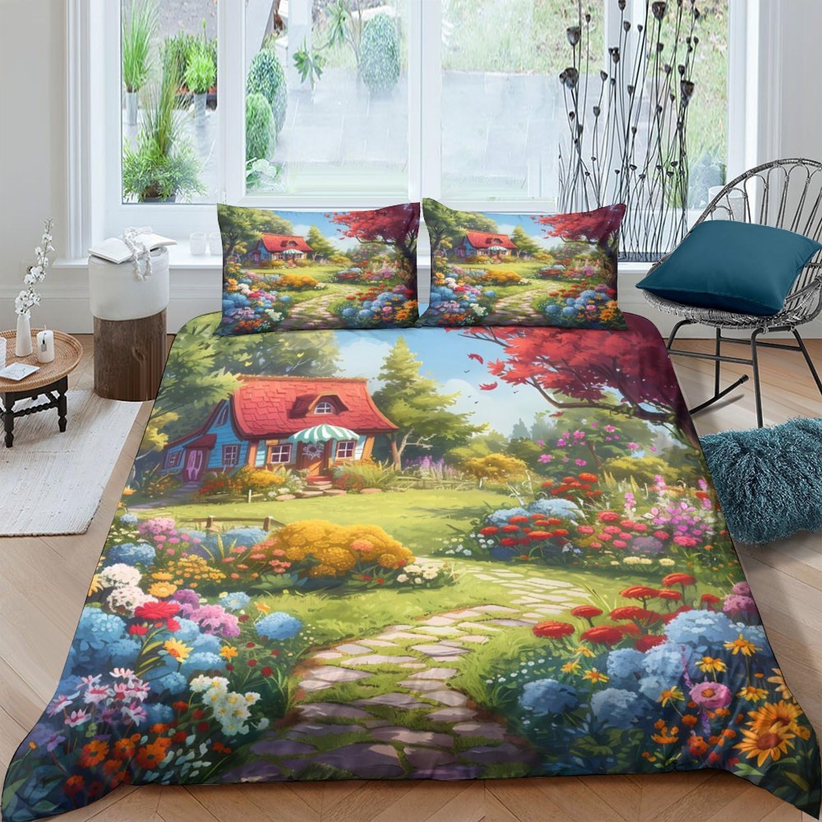Ctjqhvkz Style-1 3D Printed Cottage Garden Fitted Sheet Microfiber Soft Floral Bed Sheet For Bedroom Guest Room Decor Protection Single（135X200cm）