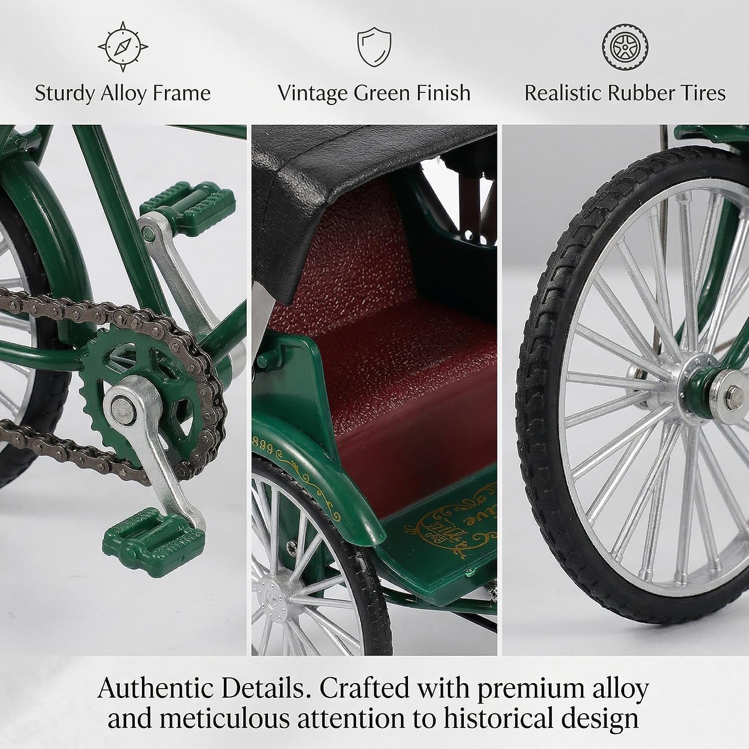 Veemoon Vintage Rickshaw Model, 1:10 Scale Alloy Collectible Tricycle Figurine Small Metal Jinrikisha Desktop Ornament for Home Office Bookshelf - Green Retro Decor Miniature Trike Gift Crafts