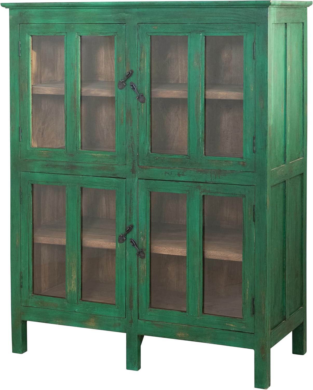 Creative Co-Op Mango Wood Vintage Reproduction Cabinet with 4 Glass Doors, Distressed Green