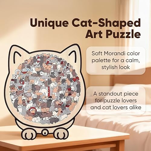 Miniatura 7 de Rompecabezas de madera con forma de gato de 135 piezas, enmarcado por adorables contornos de gatos, piezas irregulares únicas, regalos creativos