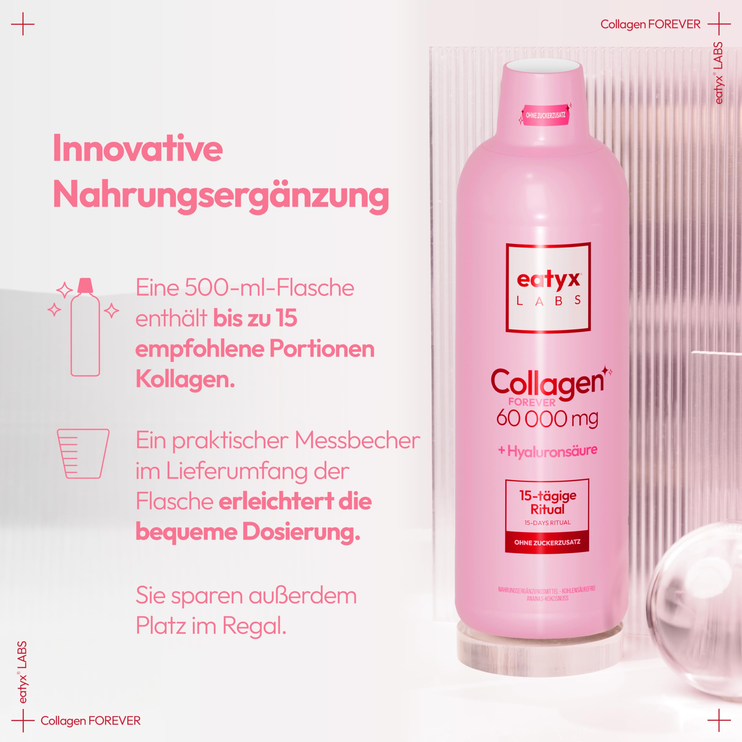 EATYX Labs Collagen Forever 500 ml – 60-dniowa kuracja kolagenowa 5000 mg, suplement diety na skórę, włosy i paznokcie, witaminy i kwas hialuronowy