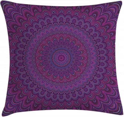 Ambesonne Funda de cojín con forma de mandala morado con estilo caleidescópico inspirado en los años sesenta, arte abstracto oriental, funda de
