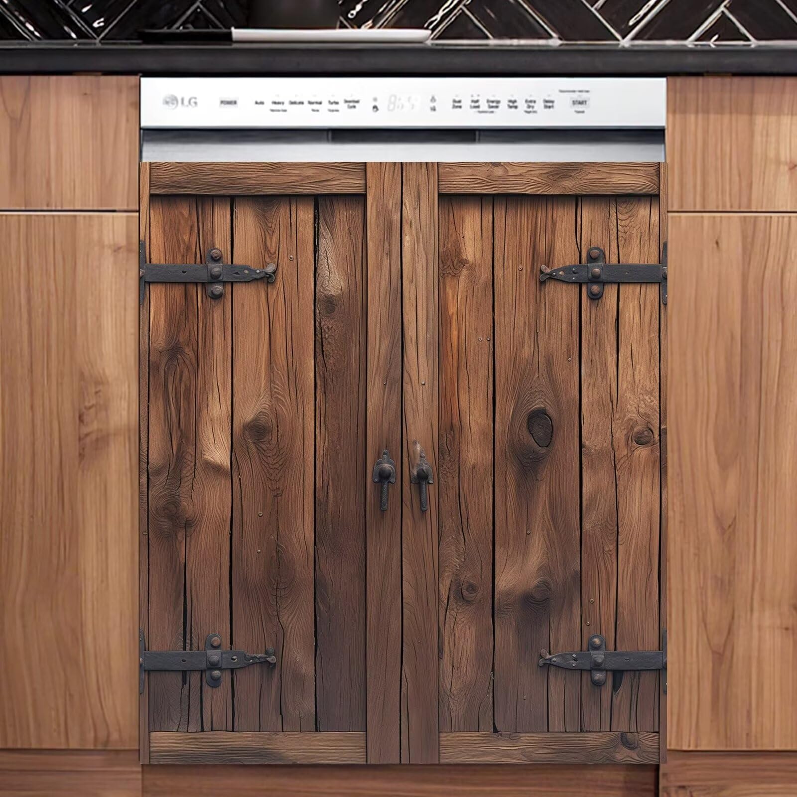 vintage wooden door dishwasher magnet door cover sheet, retro barn door refrigerator panel decal magnetic cover, wood door home appliances decor dishwasher sticker - magnetic 23" x 26"