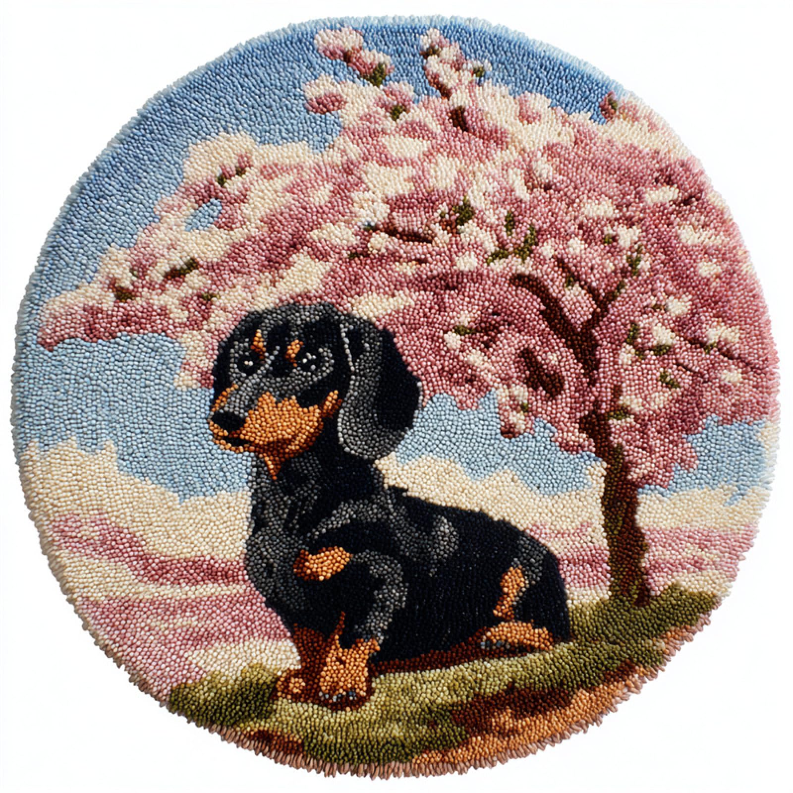 Wallphantom 006 Latch Hook Rug Kits For Adults Beginners,Dachshund Under The Cherry Blossom Tree,Latch Hook Kits For Bedroom,Living Cushion Adult Craft Gifts,50X50cm