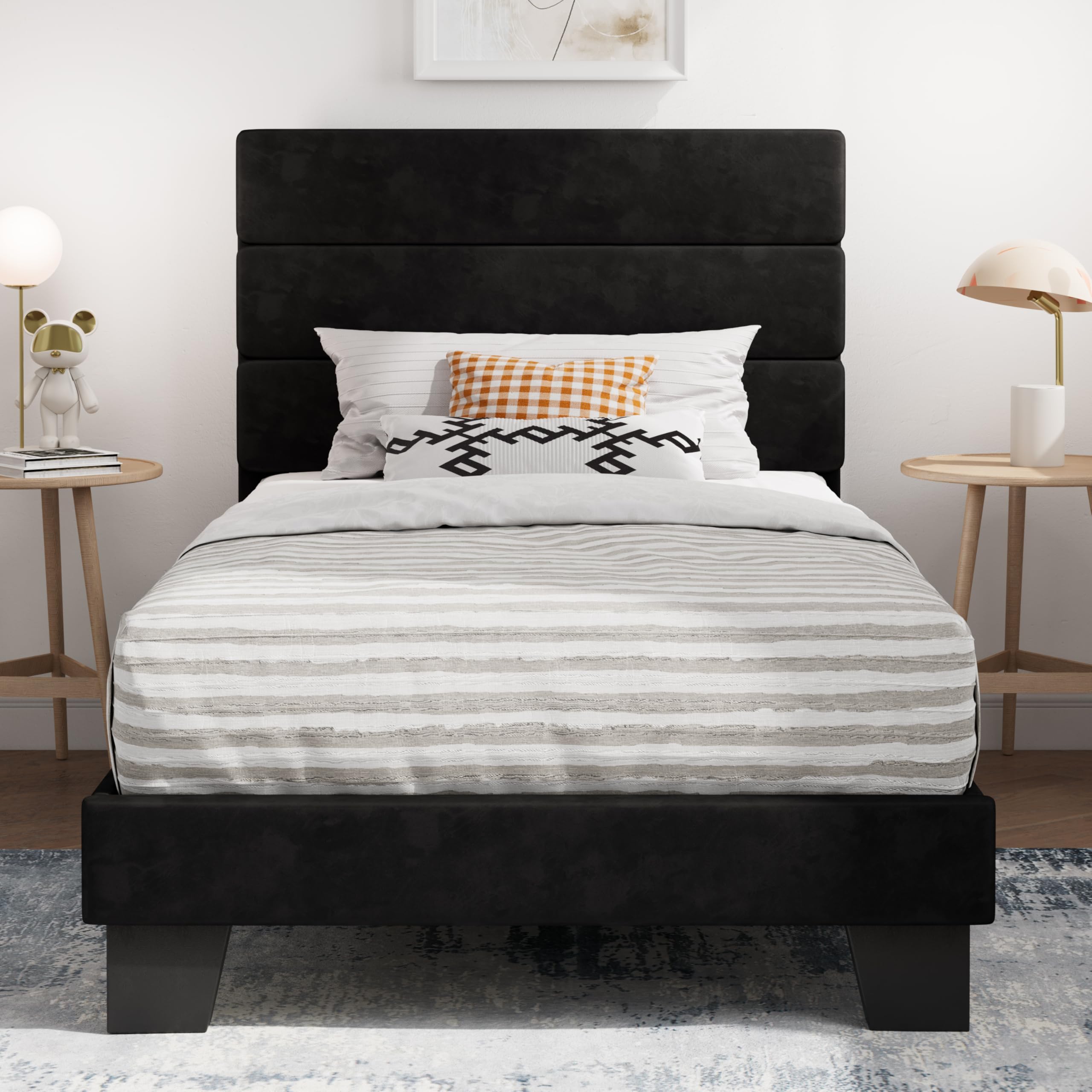 SHA CERLIN Twin Platform Bed Frame with Upholstered Velvet Headboard, Black