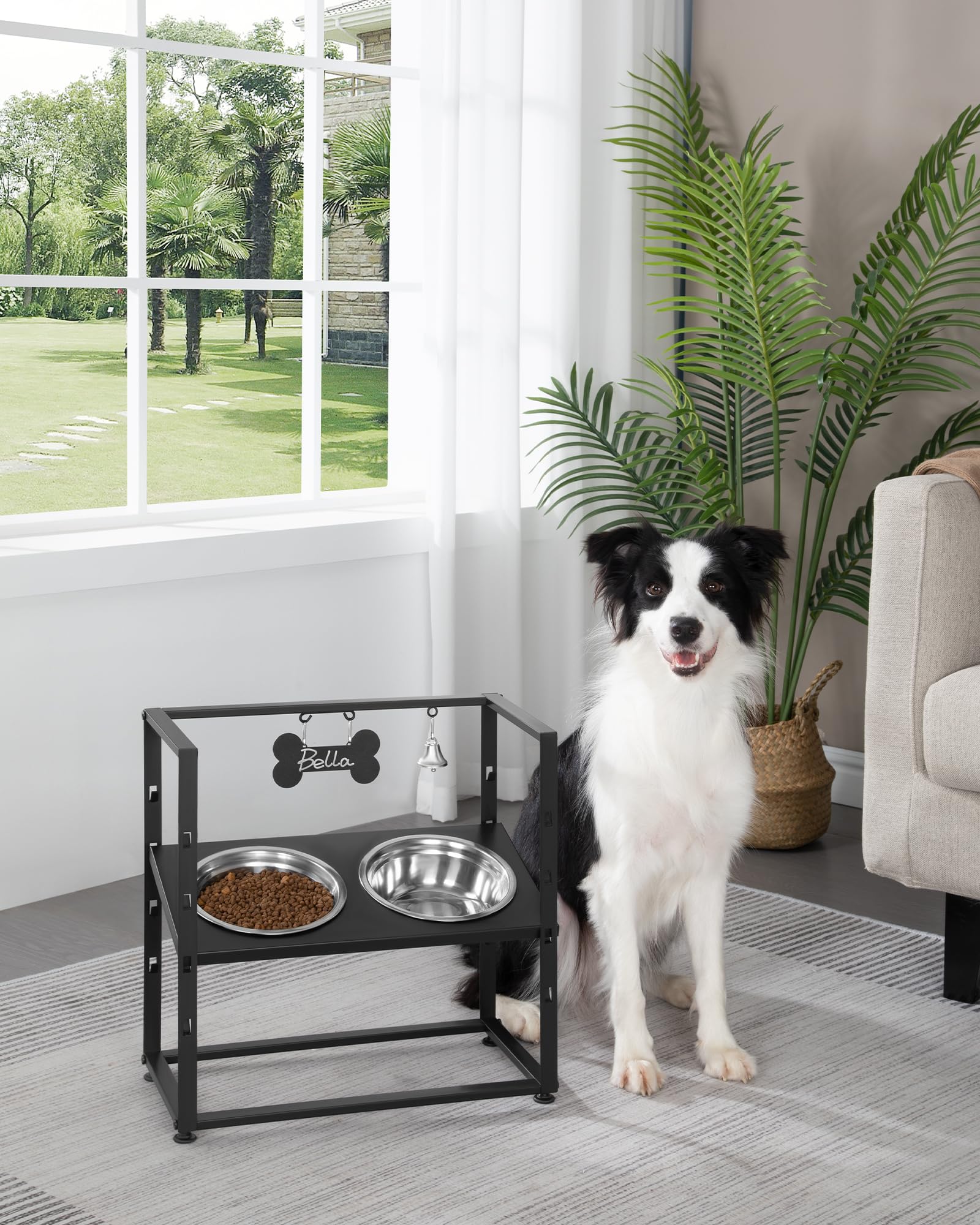 Hzuaneri Ciotole per Cani Rialzate, 8 Ciotole per Animali Regolabili in Altezza con 2 Ciotole in Acciaio Inossidabile, Design Inclinato, con Targhetta per Nome e Campanello, Nero PB07201B