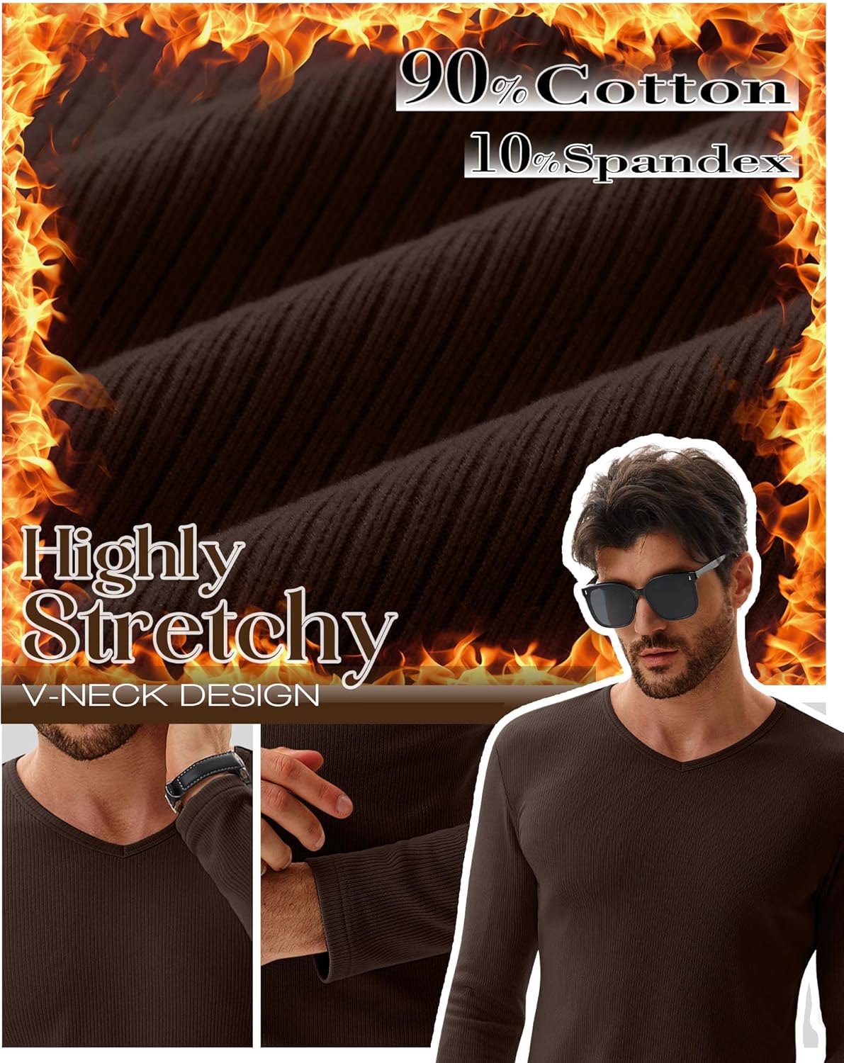 3 Pack Men's V Neck Thermal Ribbed Shirts Cotton Long Sleeve Casual Underwear Slim Fit Stretchy Base Layer Tops