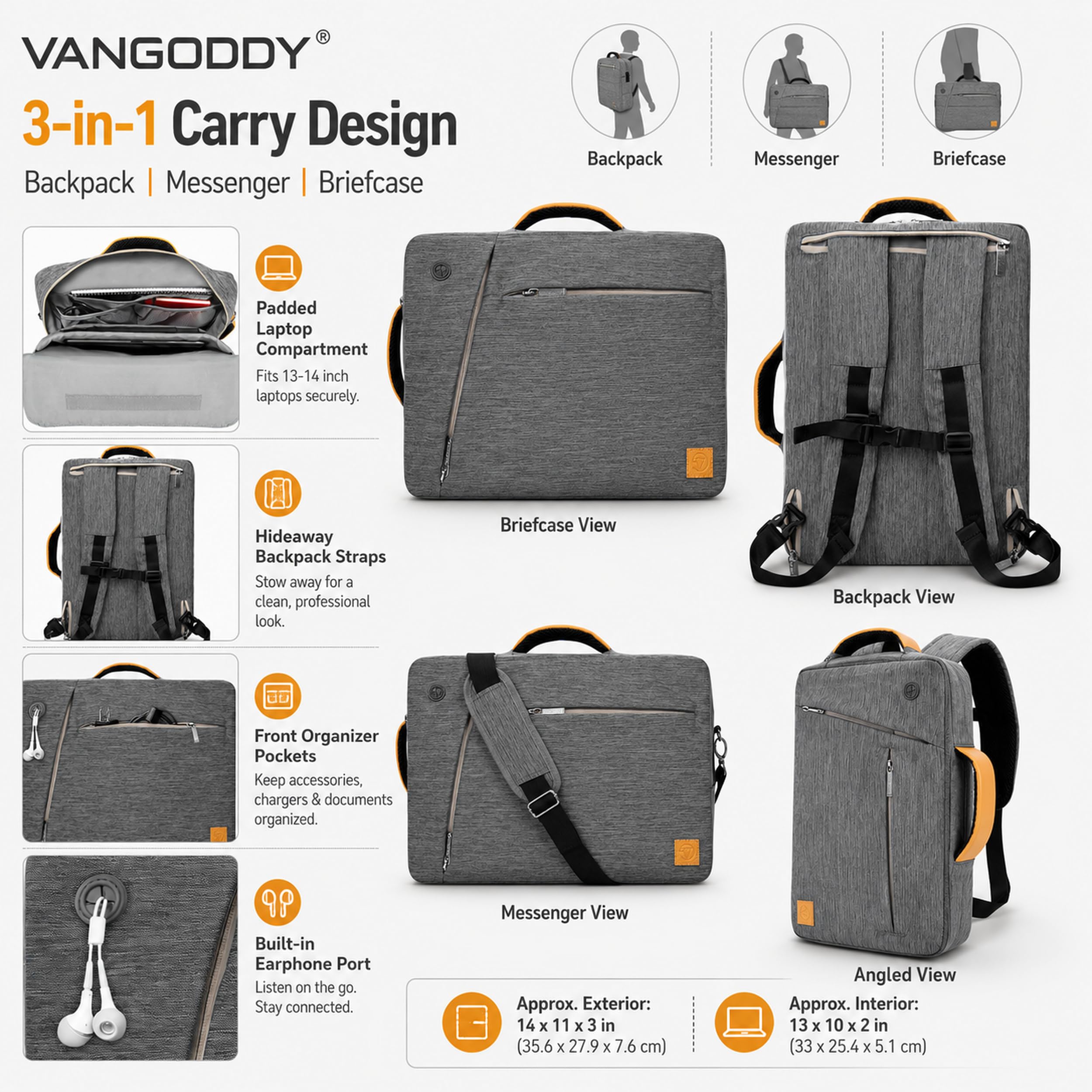Vangoddy Slate 13-14 inch 3-in-1 Universal Convertible Laptop Bag, Backpack Messenger Shoulder Briefcase for Work Travel Office and Daily Commute, Gray : Electronics