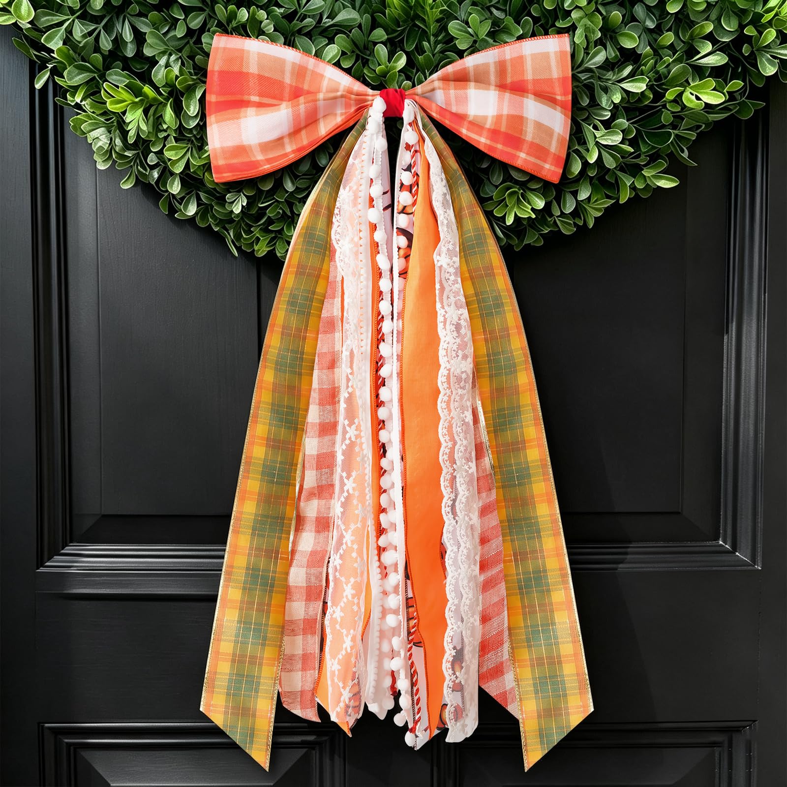 Photo 1 of Mythcloud Fall Plaid Wreath Bow (Orange, 27x13 Inch)