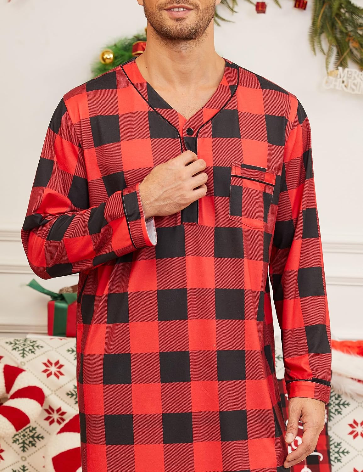 SWOMOG Men's Nightshirt Long Sleeve Nightgown Soft Loose Sleepwear Lightweight Nightwear Comfy Henley Sleep Shirt M-3XL