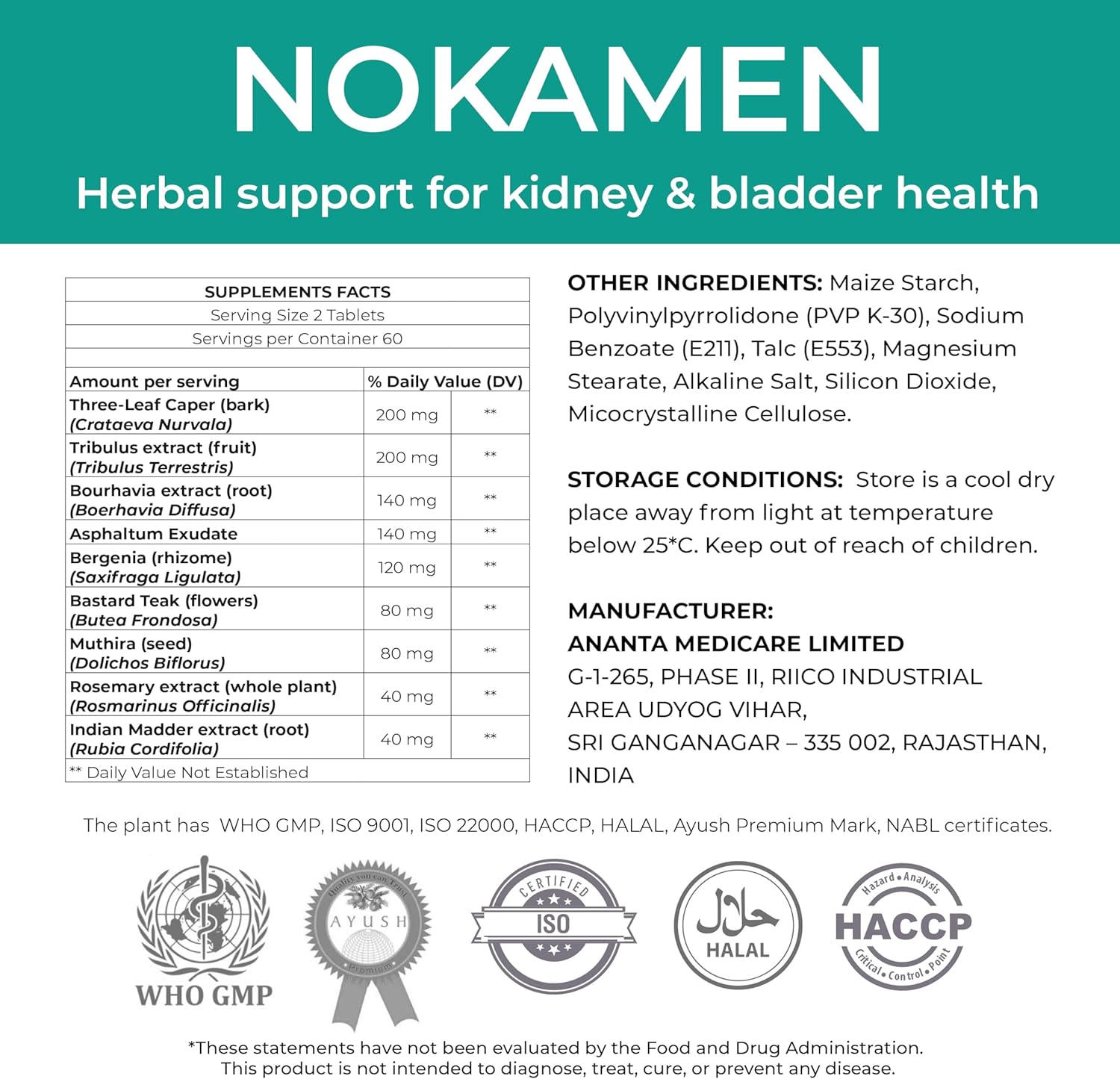 NOKAMEN – Kidney & Urinary Tract Support Herbal Formula, 120 Tabs