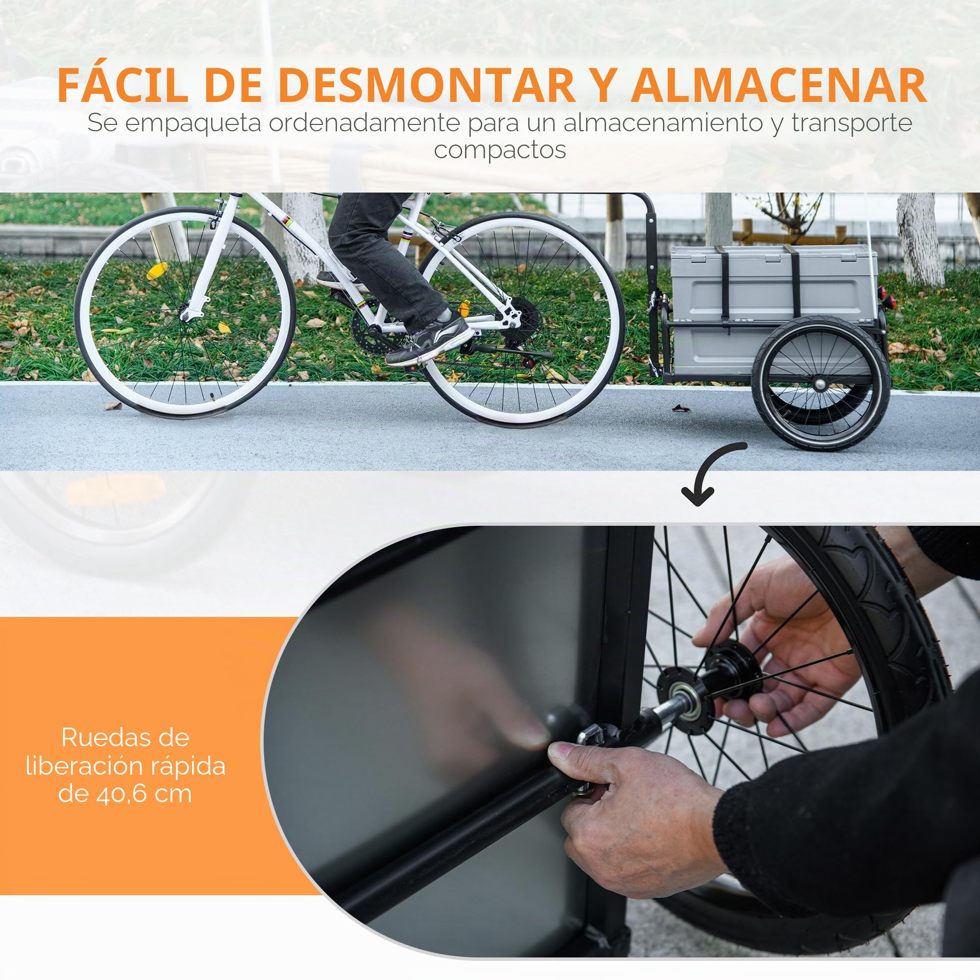HOMCOM Remolque para bicicleta con cajón de almacenamiento extraíble y plegable de 65L, neumáticos y reflectores de seguridad, carga máxima de 40 kg, gris