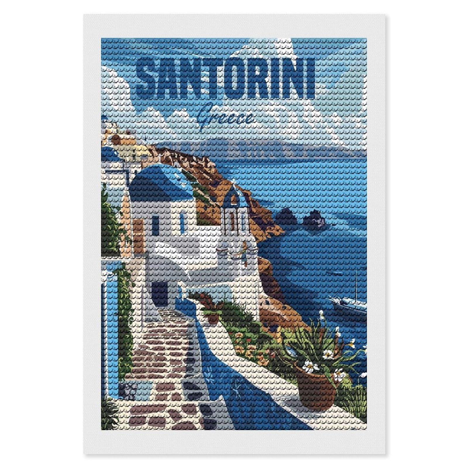 Junmoney Santorini Greece(5) Full Drill Diamond Painting Kit 8"x12", Mindful Craft Activity, Bedroom Decor, for Adults, Gift Idea