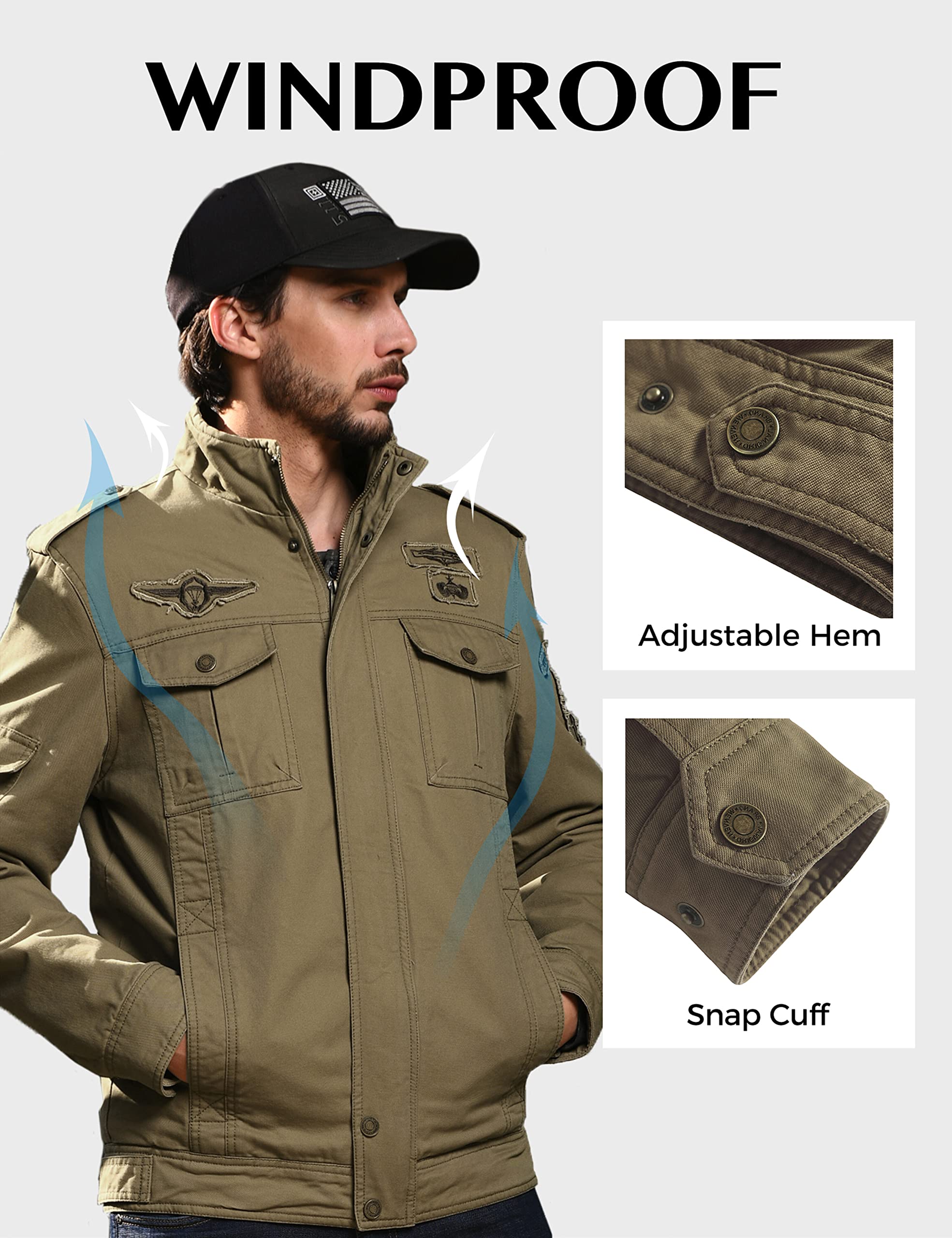 WenVen Chaqueta de Temporada de Algodón para Exteriores para Hombre Abrigo de Estilo Cargo Militar Clásico Cazadora con Forro Gruesa Rompevientos Casual Hombre