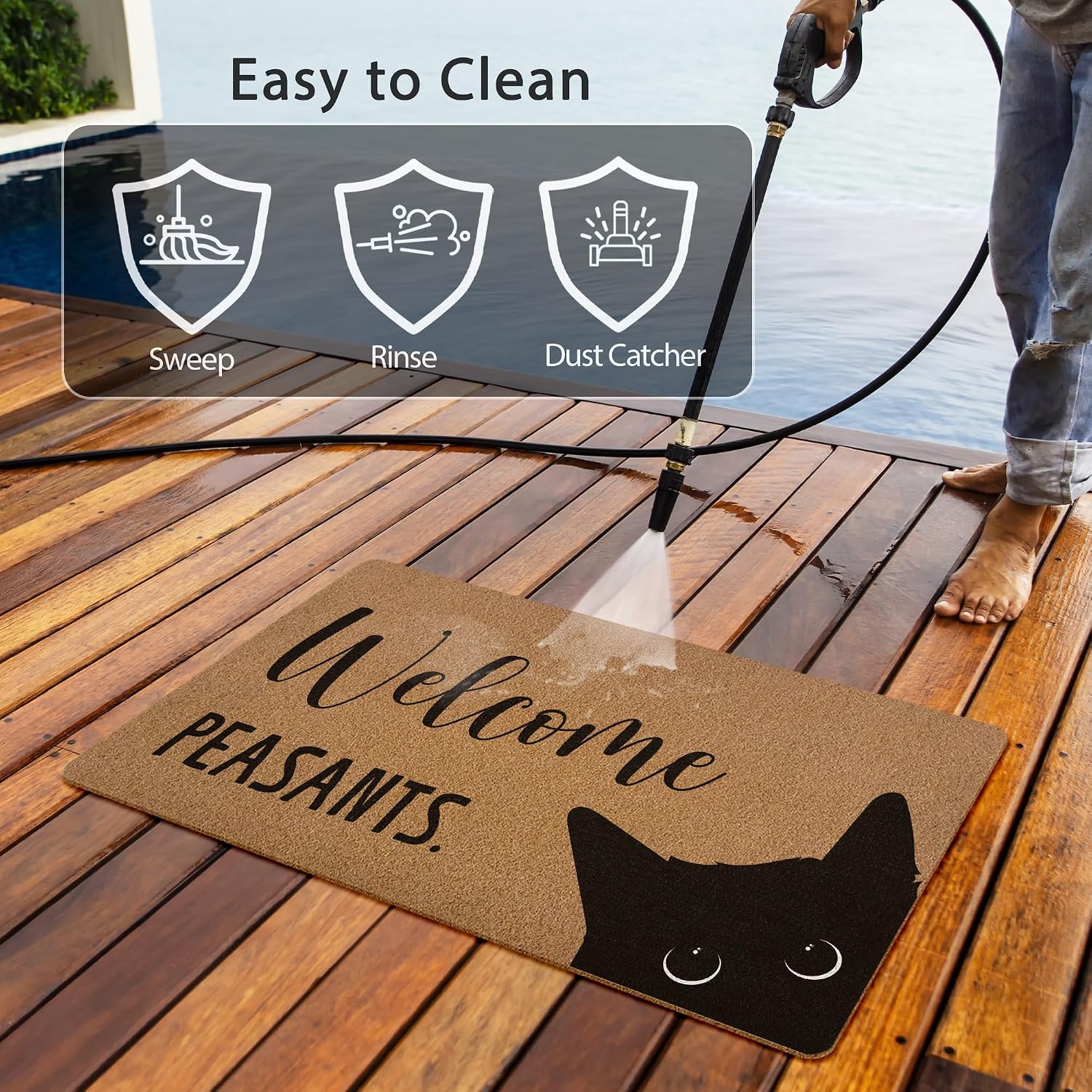 Black Cat Welcome Peasants Door Mat, Cute Cat Welcome Artificial Coir Front Door Mat Indoor Outdoor Entrance, Funny Cats Doormat Rug for Porch Entryway Patio Decor, 17X30 Inch