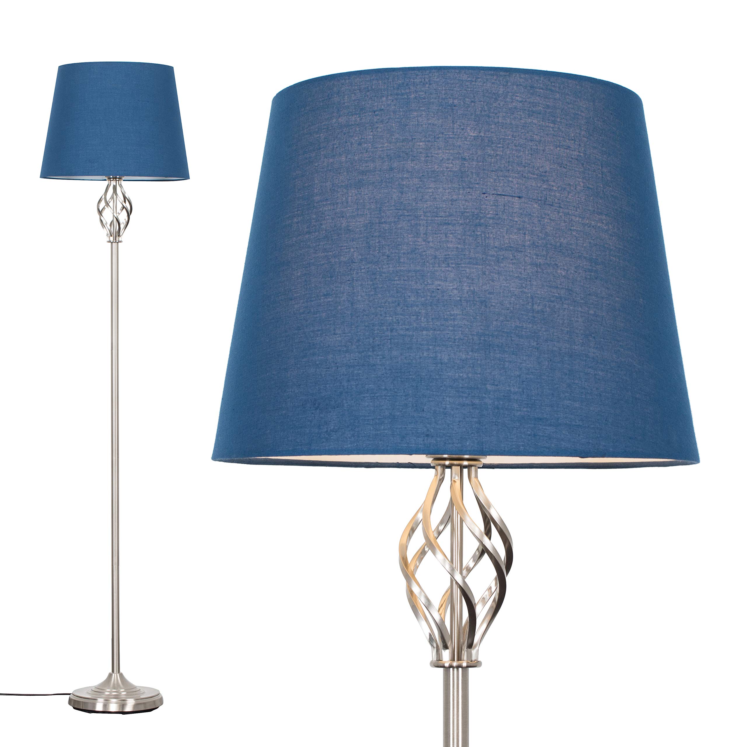 MiniSun | Traditional Style Satin Nickel Barley Twist Floor Lamp with a Navy Blue Tapered Light Shade - Complete with a 10w LED GLS Bulb [3000K Warm White] | Floor Lamps & Home Improvements Essential