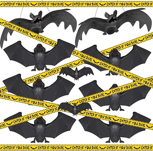 Miniatura 9 de Supersfel Decoraciones de murciélagos colgantes de Halloween, 10 piezas de murciélagos de goma voladores espeluznantes para exteriores e interiores,