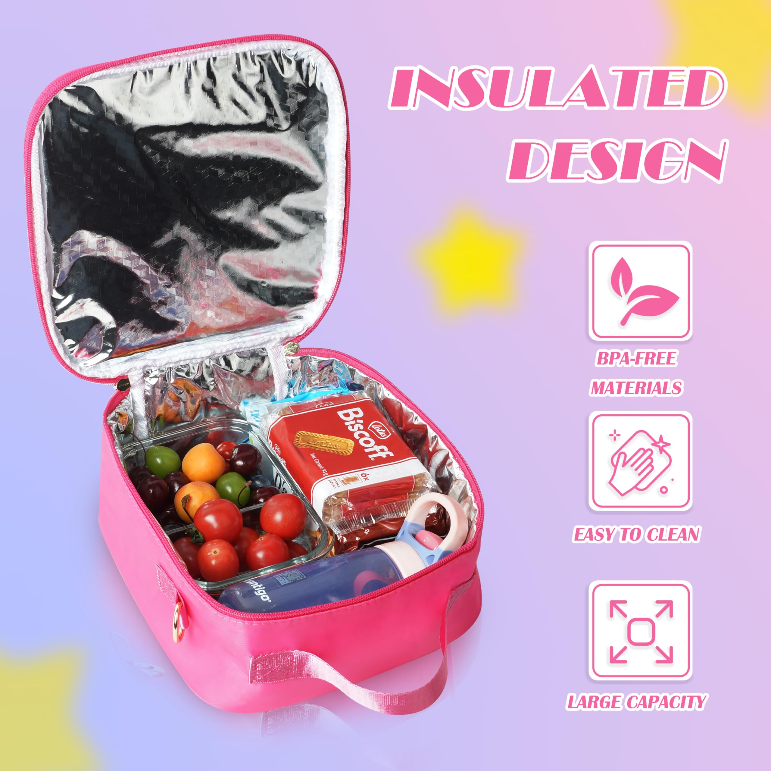 PALSAM Insulated Lunch Bag?2 Ice Grids Chenille Alphabet Lunch Box for Girls, Kids Lunch Bag with Adjustable Shoulder Strap, Nylon Preppy Large Lunch Bag Reusable Lunch Tote Bag?Pink?