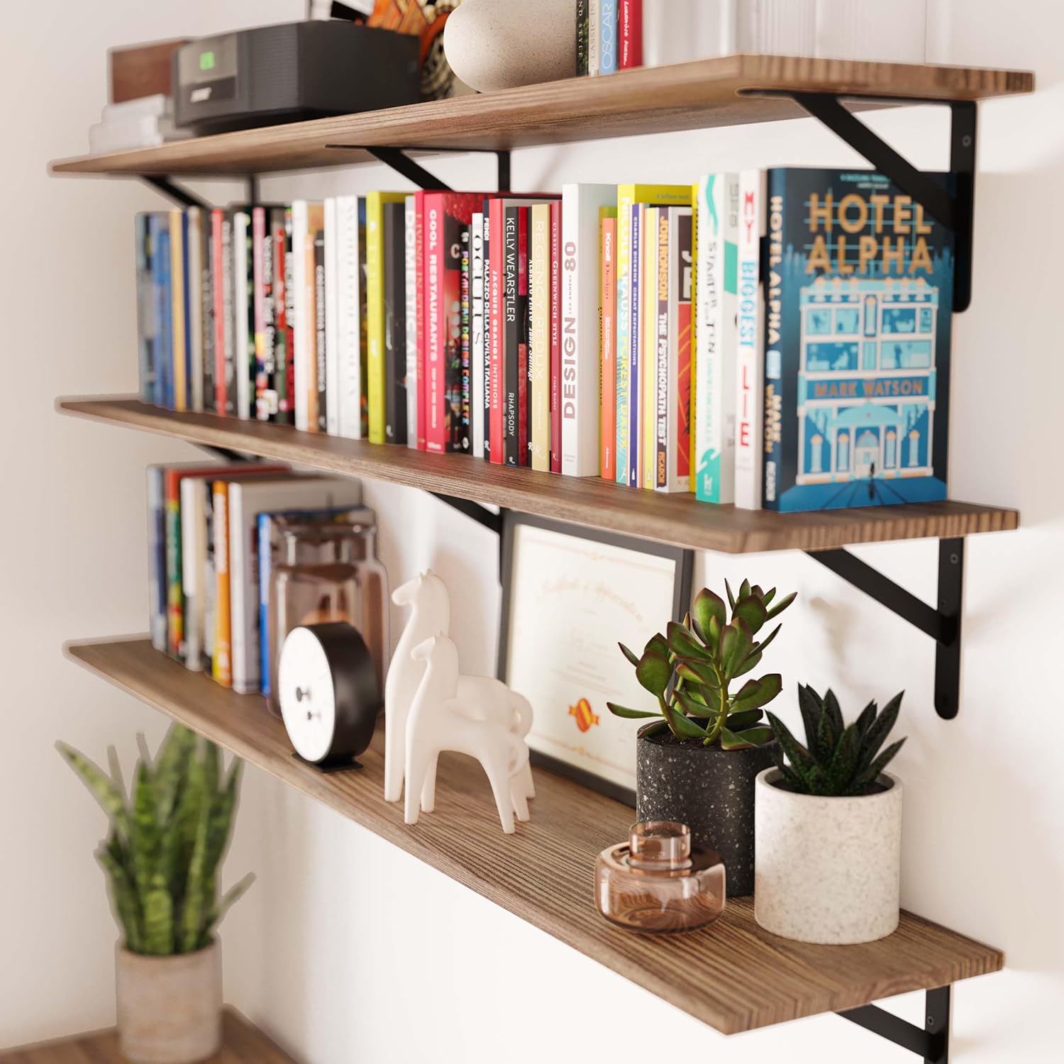 Wallniture Forme 60 inch Long x 10 in Deep Rustic Floating Shelves for Wall, Book Shelves for Living Room, Wall Shelf Home Office, Laundry Room, Set of 3, Burnt, Wood