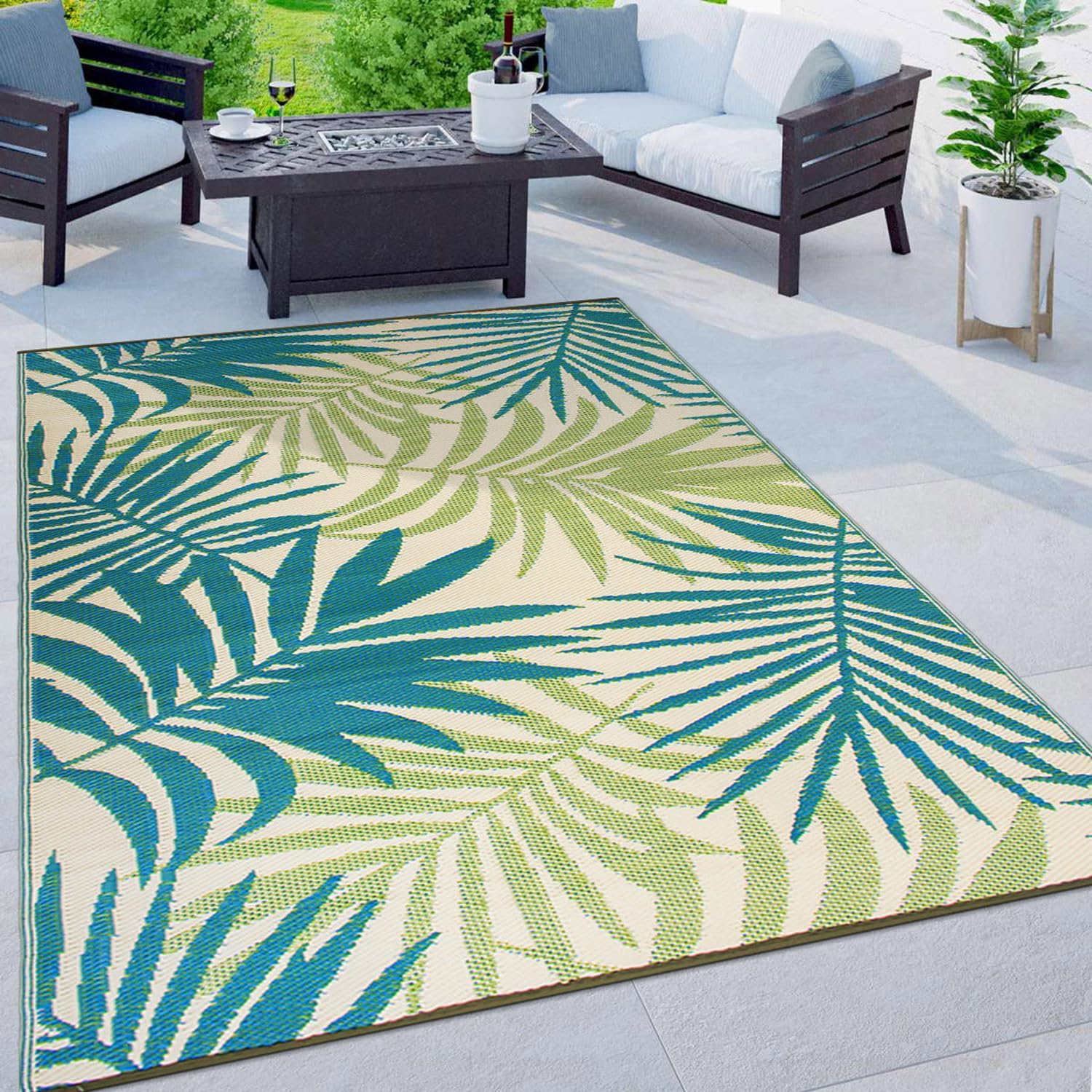 Rugshop Lanai Modern Floral Reversible Crease-Free Waterproof Premium Recycled Plastic Outdoor Rugs for Patio,Backyard,RV,Deck,Picnic,Trailer,Beach,Camping Area Rug Green 7'10" x 10'