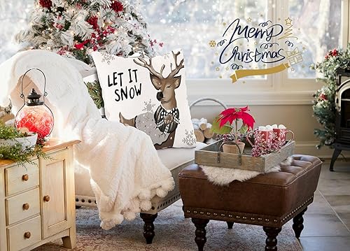 Miniatura 2 de Brightown Juego de 4 fundas de almohada navideñas de 18 x 18 pulgadas, diseño de reno y muñeco de nieve, fundas de cojín decorativas de invierno