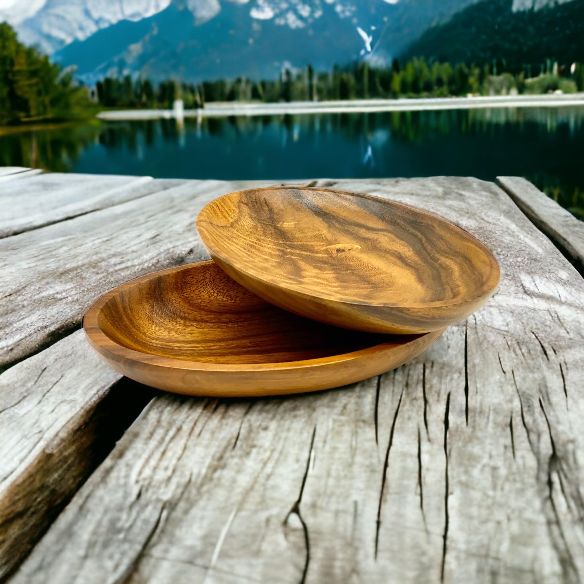 Juego de 2 cuencos de madera de acacia, ovalados, mesa rústica decorativa y plato de servir para comida, ensalada, fruta, pan, uso como cuencos de almacenamiento para joyas, llaves o