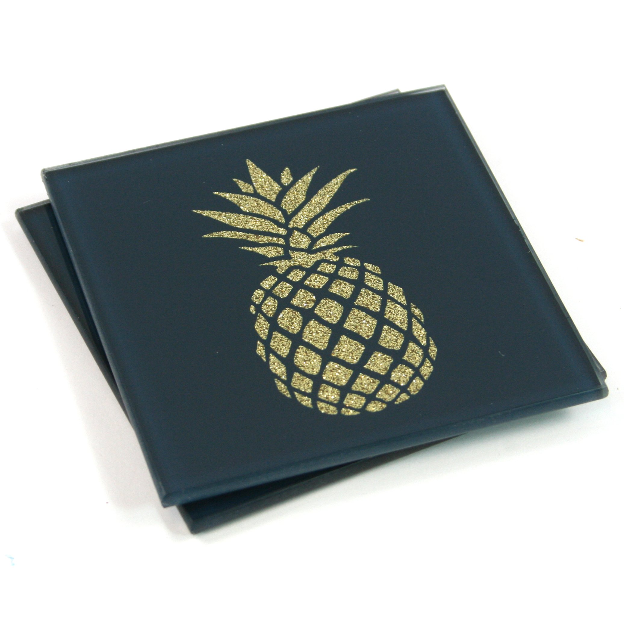 Sparkle Coasters - Black Glass with Gold Pineapple (Set of 2)