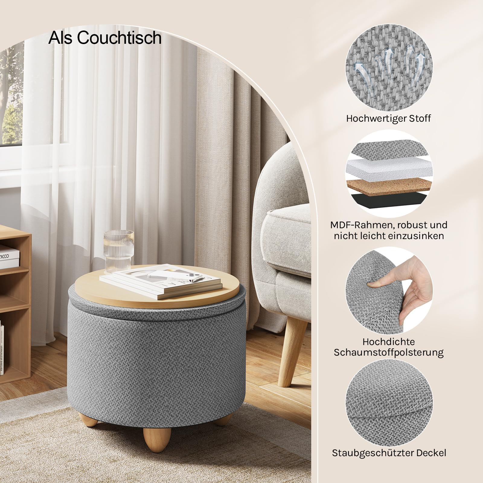 WOLTU Hocker mit Stauraum, Sitzhocker Gepolstert rund, Couchtisch mit Massivholzbeine, Fußhocker mit Deckel, Leinenbezug, Ø39x33 cm, Hellgrau