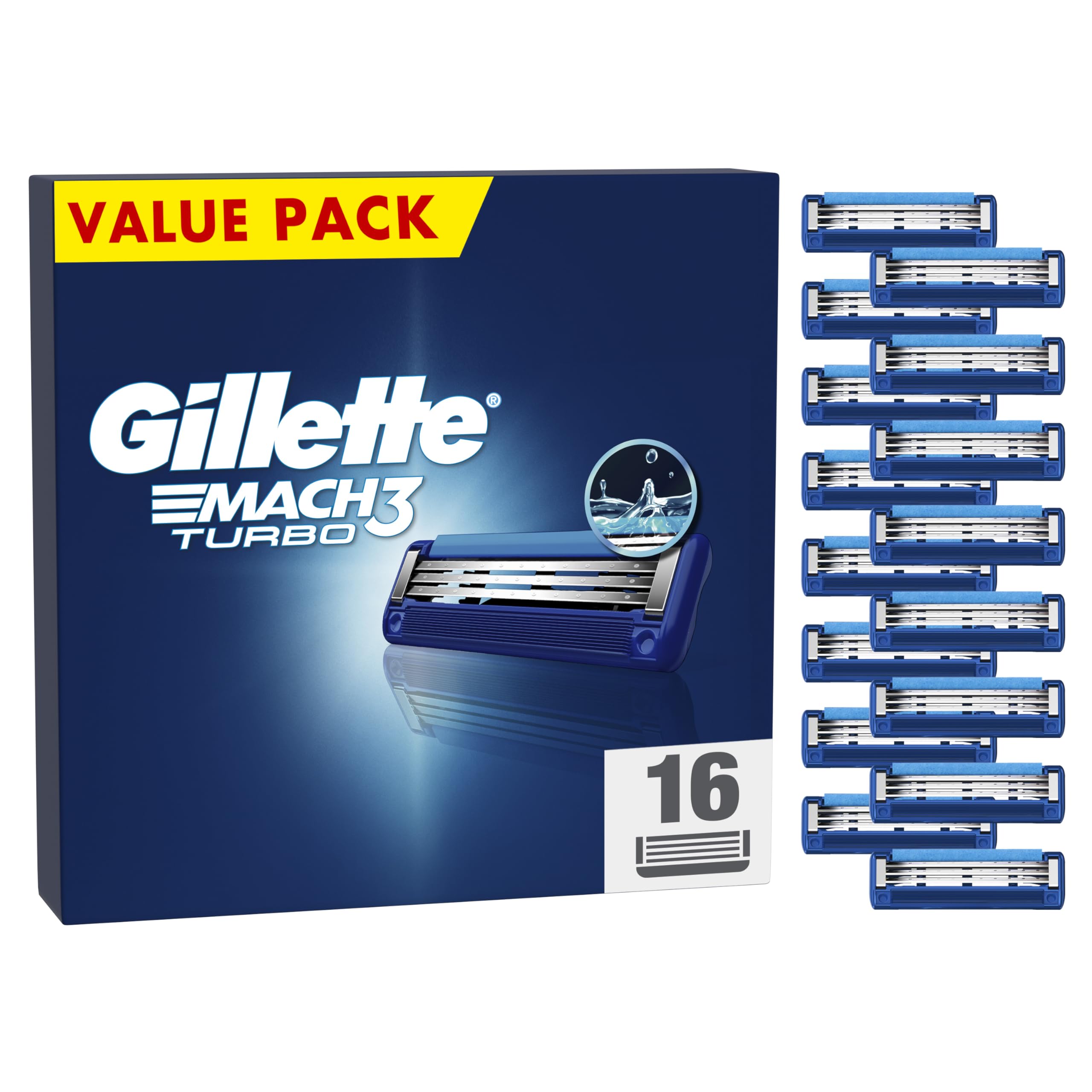 Gillette Mach3 Turbo Recharges De Lames De Rasoir Pour Homme, À 3 Lames , 16 Recharges De Lames, Lames Plus Résistantes Que L’Acier
