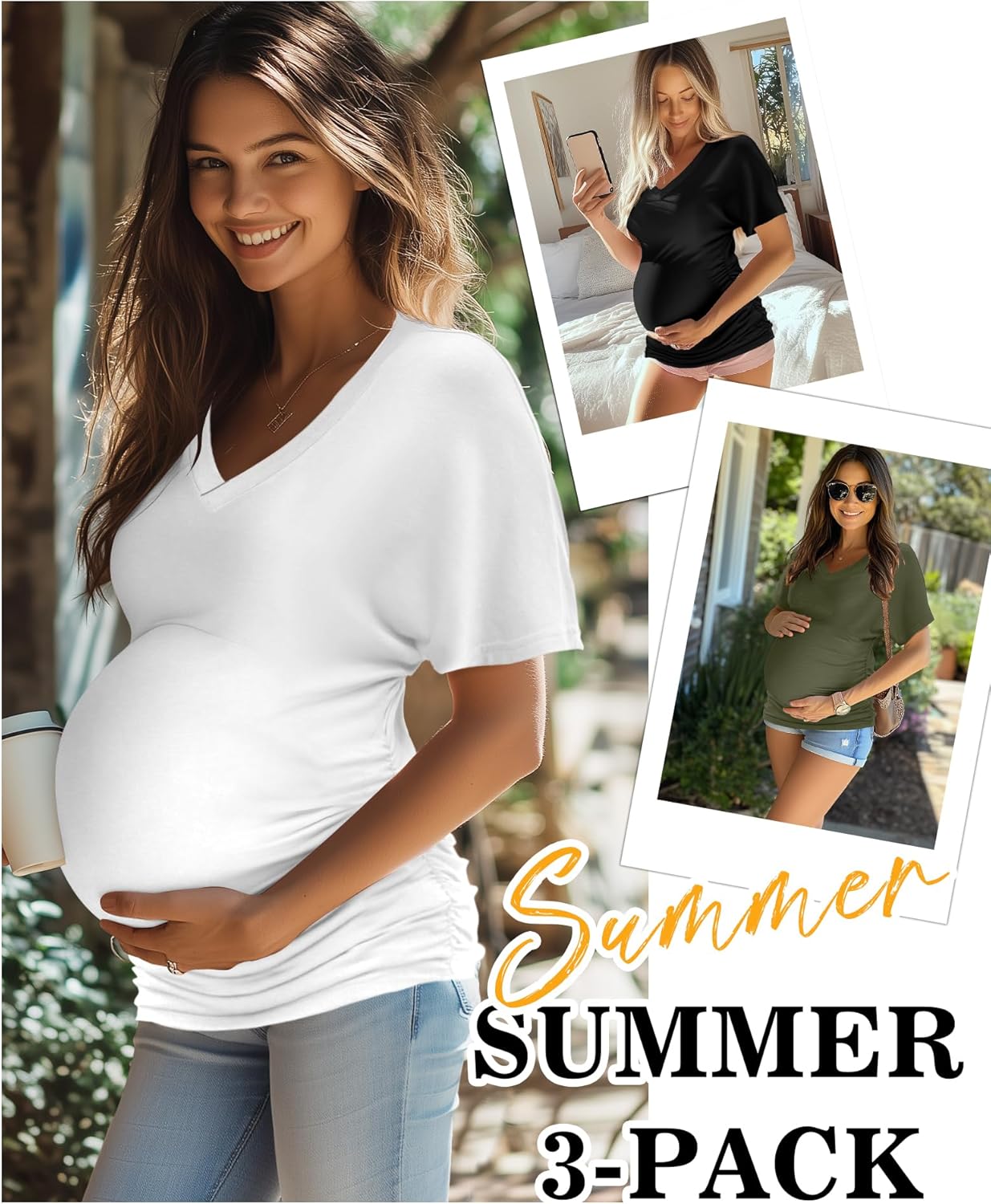 Ficerd 3 Packs Womens Maternity Shirts V Neck Dolman Short Sleeve Loose Side Ruched Tunic Tops Pregnancy Clothes - Image 4