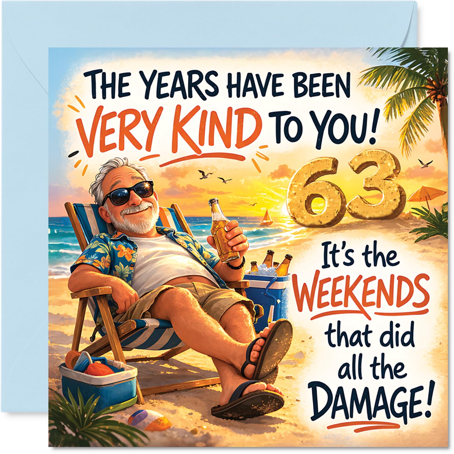 Funny 63rd Birthday Card - Reliving the Wild Weekends - Cheery Beach Scene with Relaxed Birthday Gent - Banter for the Big 63-145mm Square, Envelope Included