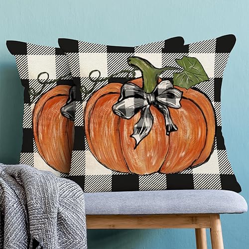Miniatura 8 de Juego de 2 fundas de almohada de otoño de 12 x 20 pulgadas, diseño de calabaza naranja de lunares, fundas decorativas de lino para otoño, Acción de