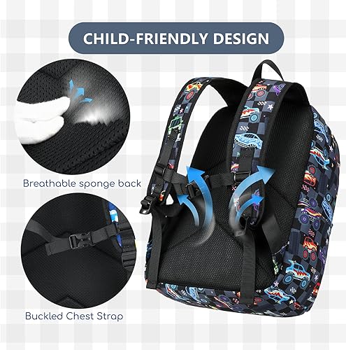 Miniatura 6 de CAMTOP Mochila para niños y niñas, mochilas preescolares con lonchera, juego de mochila escolar para jardín de infantes (vehículo negro a cuadros)
