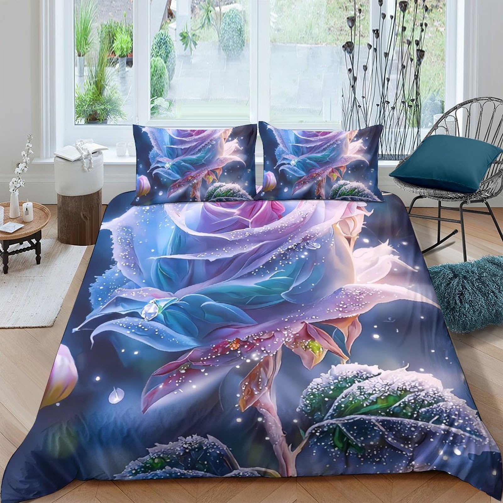 Ctjqhvkz Style-4 3D Printed Fantasy Blue Rose Fitted Sheet Microfiber Soft Decorative Cosmic Nebula Mattress Cover For Bedroom Dorm Single（135X200cm）