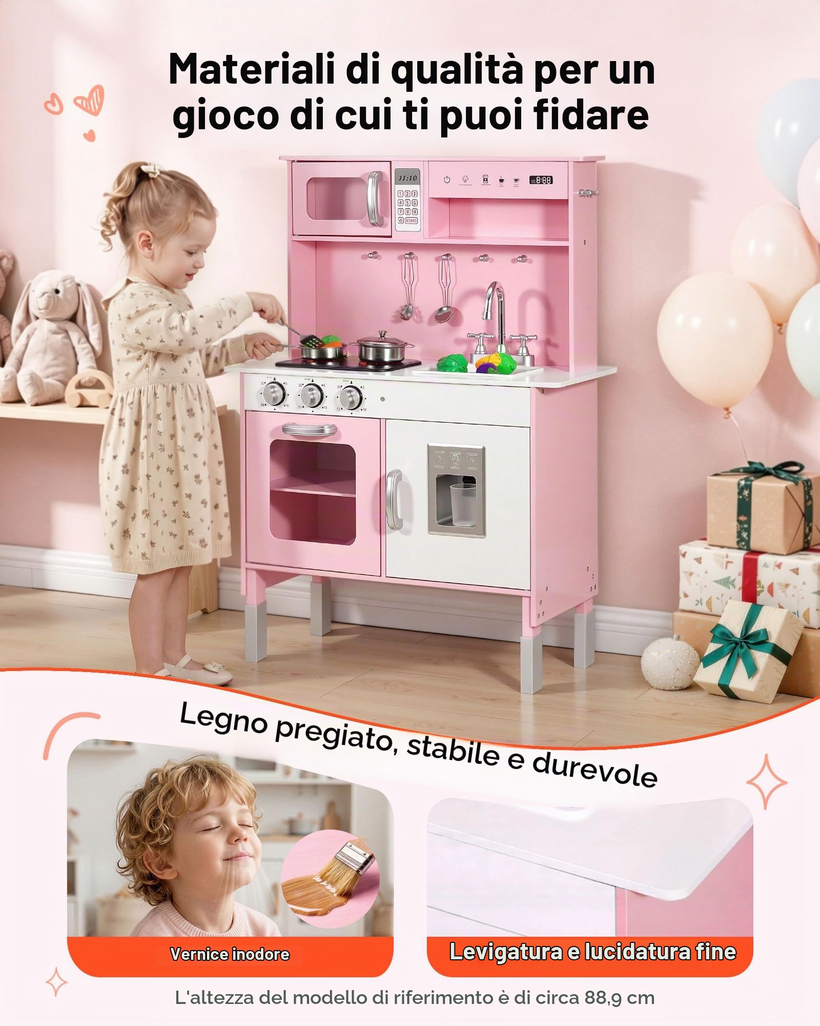 VEVOR Cucina Giocattolo per Bambini in Legno, Set da Cucina Giocattolo con Luci e Suoni Realistici, Cibo e Pentole, Microonde e Forno con Manopole, Gioco di Ruolo, per Bambini da 3 a 8 Anni, Rosa