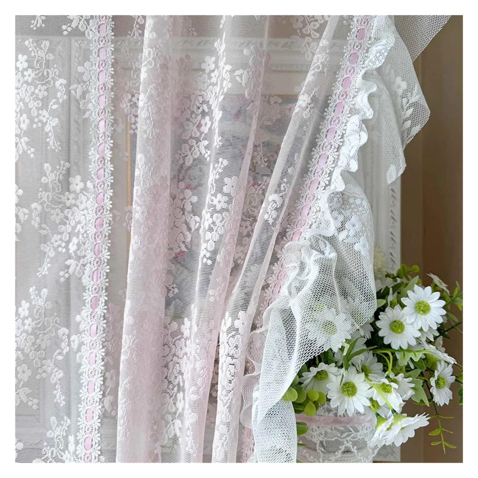 Vorhänge und Gardinen Kleiner Vorhang aus gerüschter Spitze mit Blumenmuster