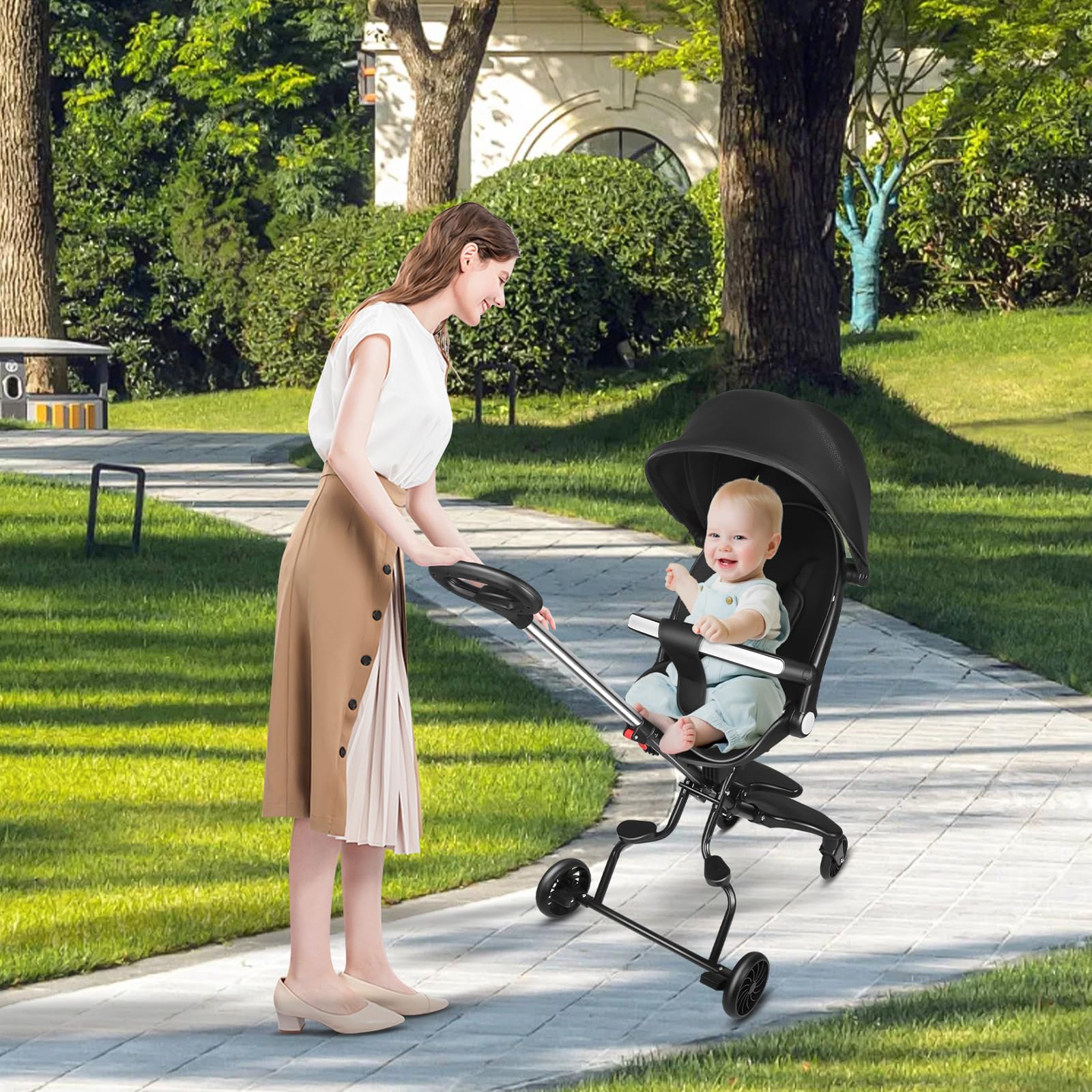Poussette canne compacte Ingenious, Capote de Protection, Vélo bébé,avec Pare-Soleil Pliable,Roues Silencieuses,Prise en Main Confortable,30 * 55 * 86.5cm/ noir