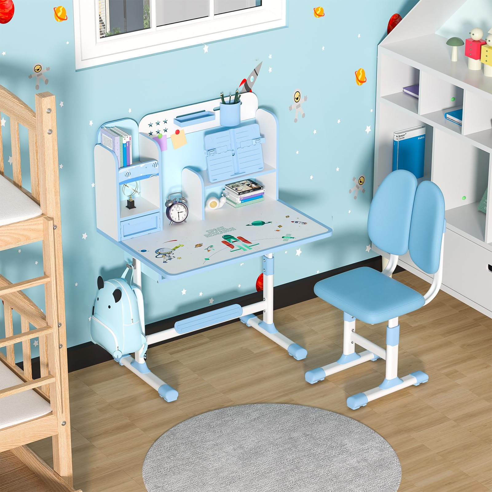 Höhenverstellbarer Kinderschreibtisch und Stuhl Set ab 3 Jahren, Schreibtisch Kinder mit Schublade und Bücherregalen, Kinder Schreibtisch für Hausaufgaben, Malen und Bastelarbeiten (Blau 6)