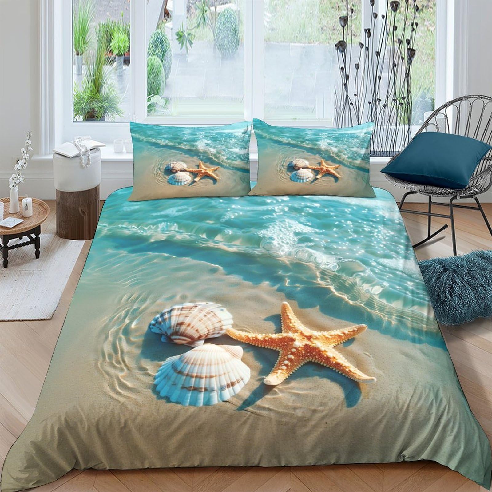 Ctjqhvkz Style-4 3D Printed Ocean Beach Fitted Sheet Microfiber Soft Breathable Starfish Seashell Mattress Cover For Bedroom Dorm Decor Single（135X200cm）