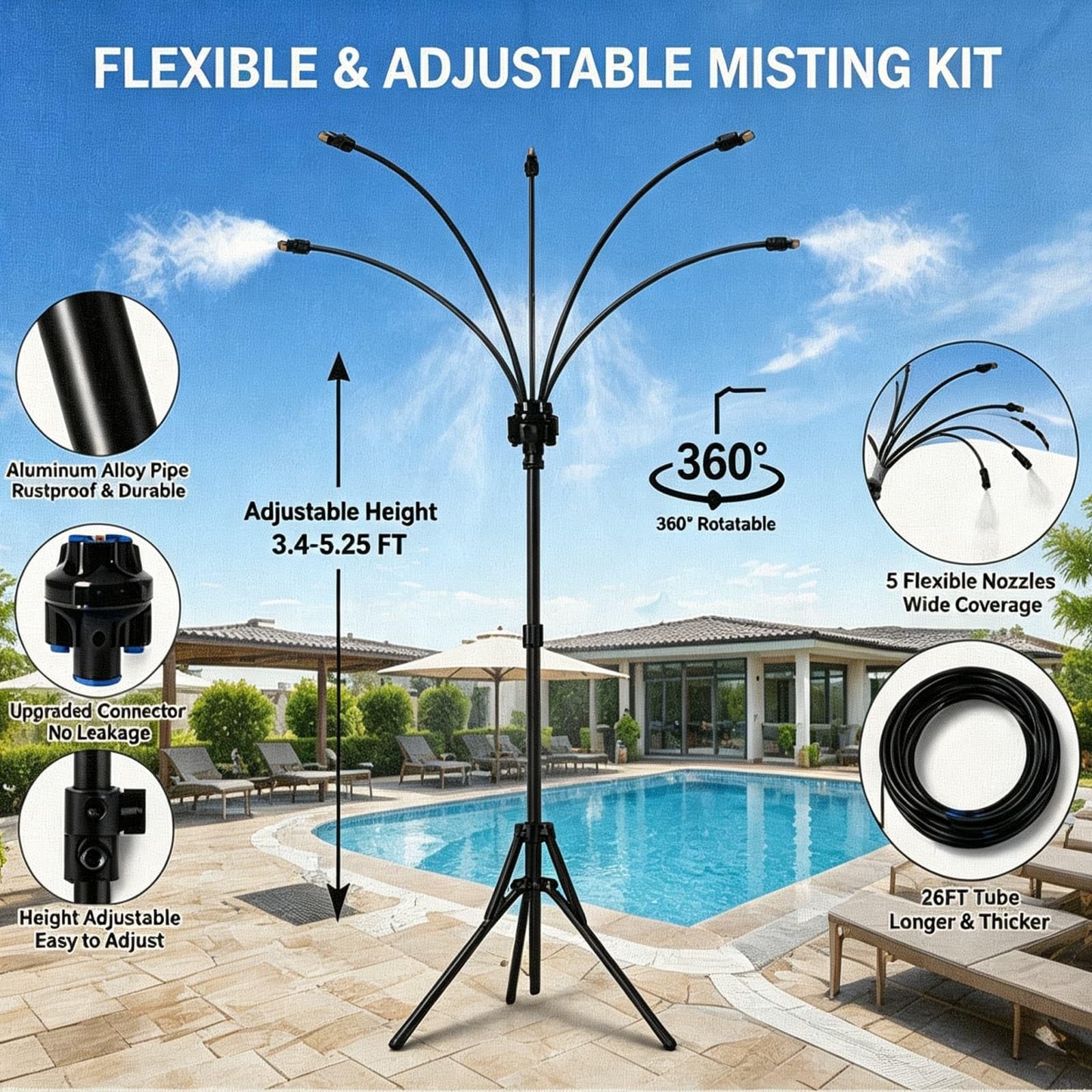 Sistema de refrigeración ajustable para exteriores, rociadores de pie para patio exterior, boquilla atomizadora giratoria de 360 grados para césped, barbacoa y refrigeración de mascotas