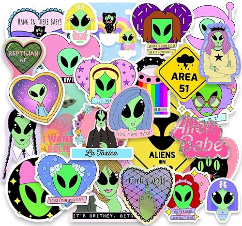 26 Pack Large Vinyl Alien Ufo Britney Cat Clueless Original Funny Waterproof Holographic Water Bottle Colorful Original Stickers