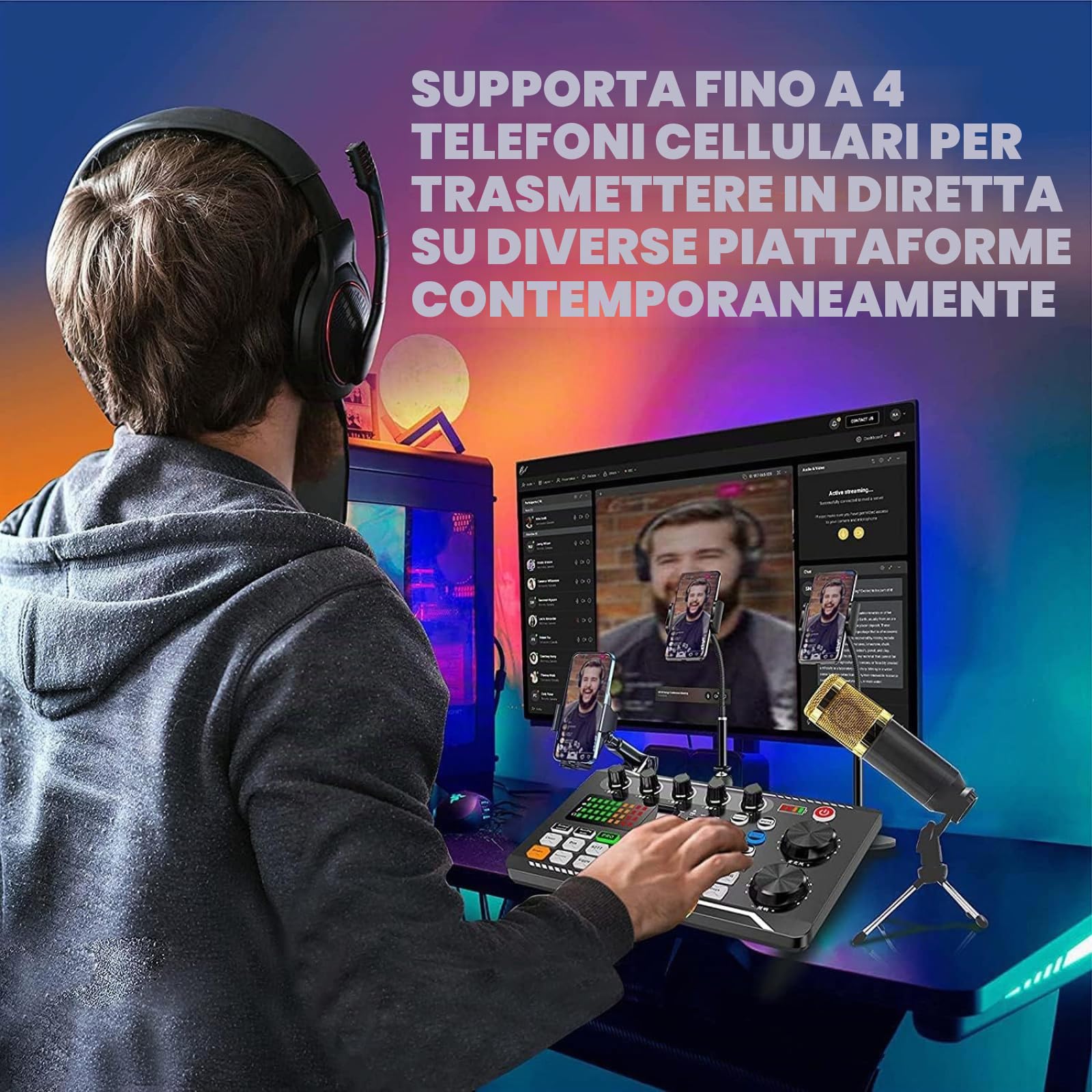 Set di microfoni per podcast, BM-800 Set di microfoni a condensatore con kit scheda audio F998 live, set di attrezzature per podcast con cambiavoce e funzioni di mixaggio