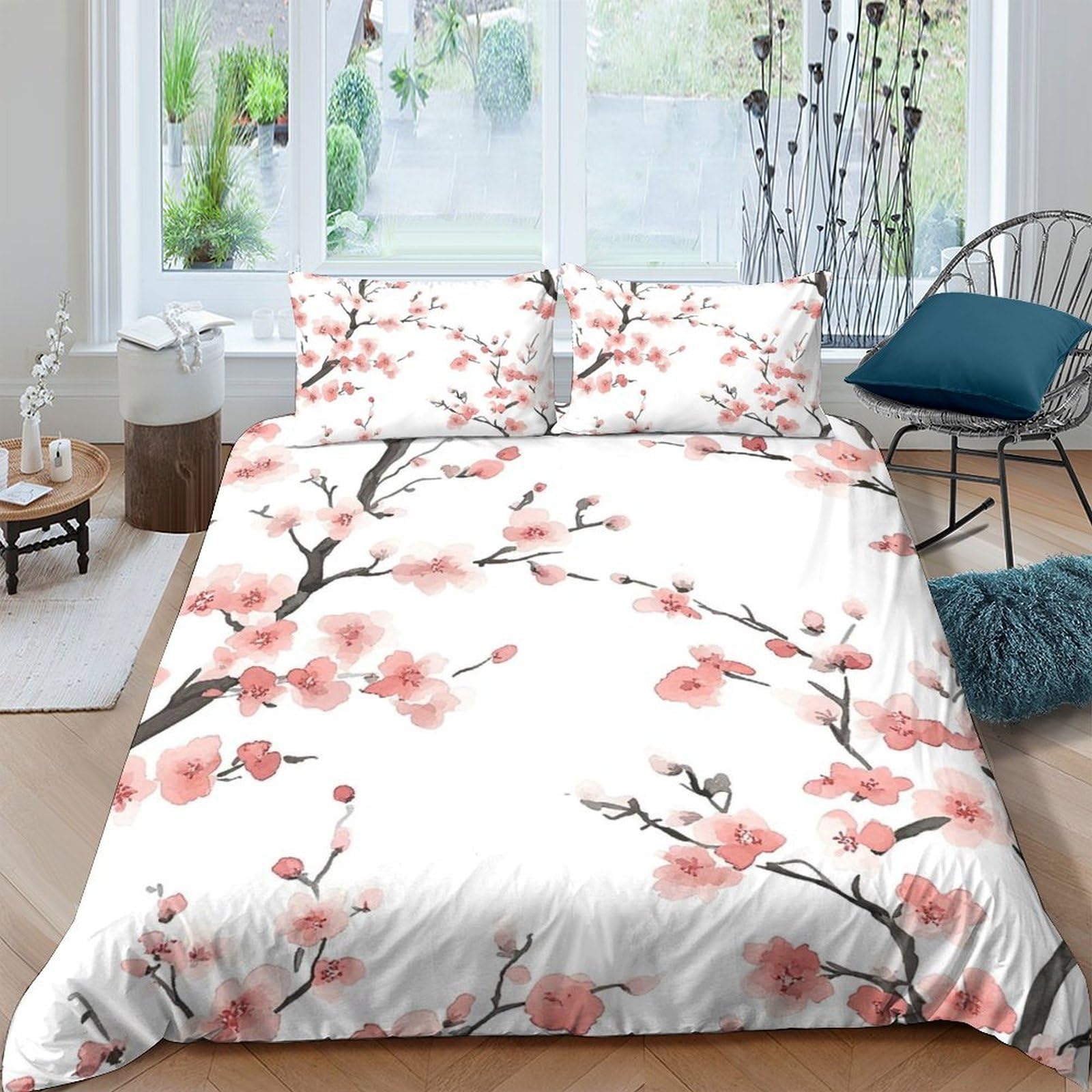 GPLZQXKJNH 3D Printed Cherry Blossom Duvet Cover Microfiber Soft Breathable Sakura Quilt Cover Set with 2 Pillowcases for Bedroom Decor Single（135x200cm）