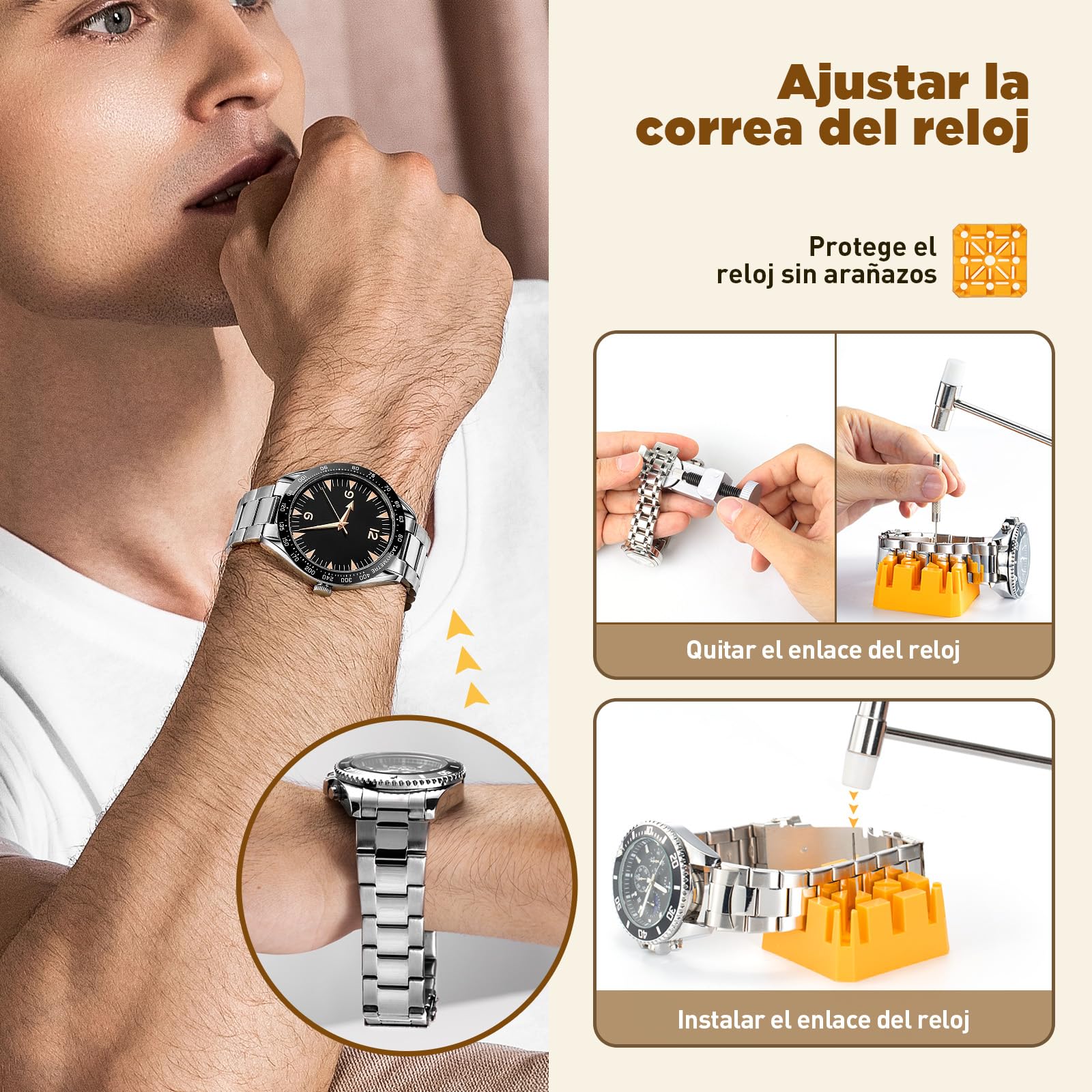 【Versión combinada】Eventronic Kit de Reparación de Relojes+Prensa de Tapa, Juego de Herramientas de Barra de Resorte Profesional, Juego de Herramientas Pasador de Enlace de Banda de Reloj con Estuche