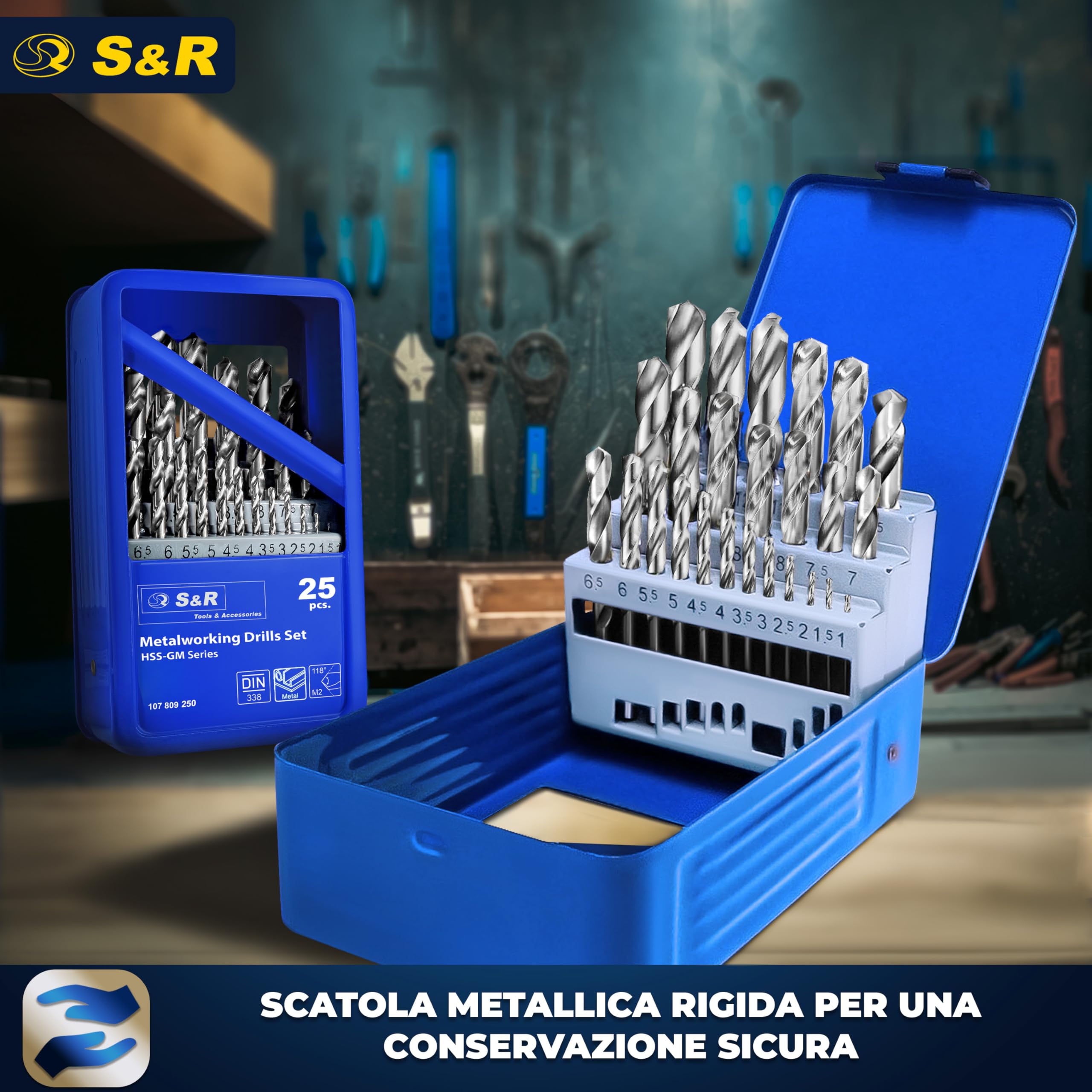 S&R 25 Punte Trapano Metallo Rettificate (1-13mm) 118 °, serie GM, DIN 338, HSS- Acciaio, Cassetta di metallo, Qualità Professionale